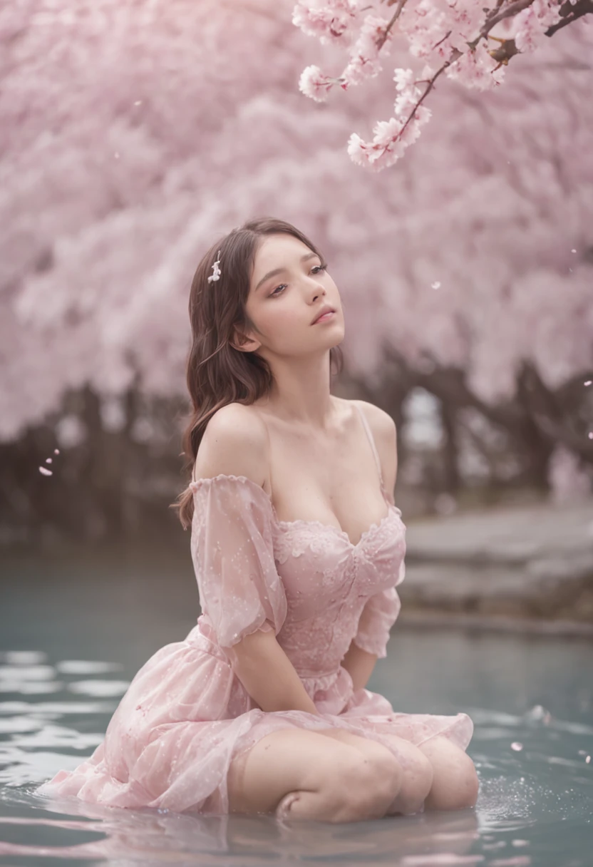 masterpiece, best quality, ultra-detailed, illustration, 1girl, solo,((sitting in the shallow water, surrounded by pink sakura petals floating on the water)), butterfly, wisteria, electricity, blue sky, cloudy sky,(large breasts), ((eye focus)), expressionless, critical angle, bokeh, depth of field, ((eye focus)), light glowing particles, arms behind back,