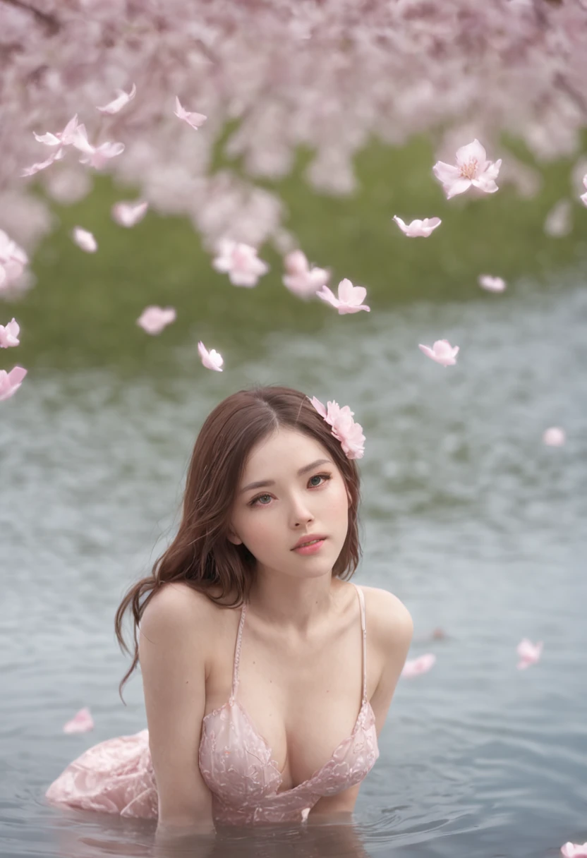 masterpiece, best quality, ultra-detailed, illustration, 1girl, solo,((sitting in the shallow water, surrounded by pink sakura petals floating on the water)), butterfly, wisteria, electricity, blue sky, cloudy sky,(large breasts), ((eye focus)), expressionless, critical angle, bokeh, depth of field, ((eye focus)), light glowing particles, arms behind back,