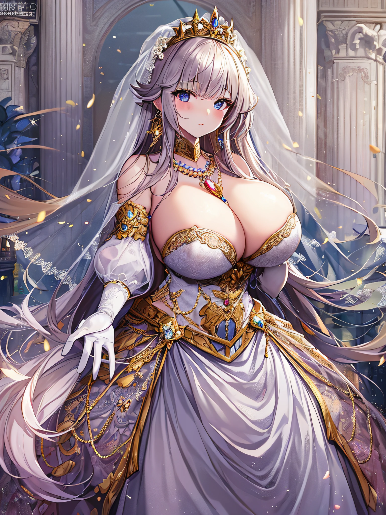 ((anime artstyle)),Best quality, Masterpiece,Solo,full body,1 princess wearing a stately and elaborate royal wedding dress of white satin and tulle adorned with huge ribbon,voluminous crinoline hoopskirt,(gigantic tits,Long tits,skindentation),(large amount of straight hair,extremely Long voluminous Hair),lace, frills,gorgeous embroidery and jewels, with enormous puffed sleeves, long train, long white gloves, pearl necklace and earrings,long wedding veil