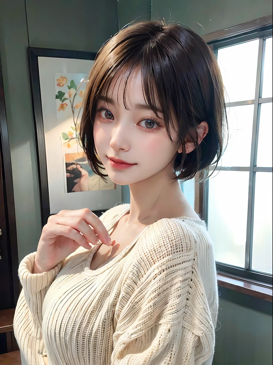masutepiece, Best Quality, Illustration, Ultra-detailed, finely detail, hight resolution, 8K Wallpaper, Perfect dynamic composition, Beautiful detailed eyes, Sweaters, Medium Hair,Brown hair color ,Small breasts, Natural Color Lip, A cute child shaking pose that tickles a man's heart,Random situations,Slender body,Slender face,20 years girl