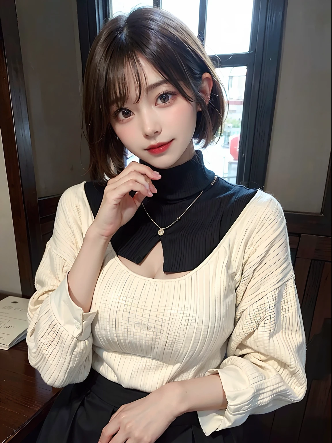 (Raw photography:1.2)、top-quality、a beautiful detailed girl、A smile、short-haired、extremely detailed eye and face、beatiful detailed eyes、huge filesize、hight resolution、8k wallpaper、finely detail、Highly detailed ticker uniform 8K wallpaper、Light on the Face、电影灯光、16-year-old girl、Cute poses、(photorealisim:1.4)、illustratio、super detailing、Colossal tits、knit、muffler、Winters、yuki