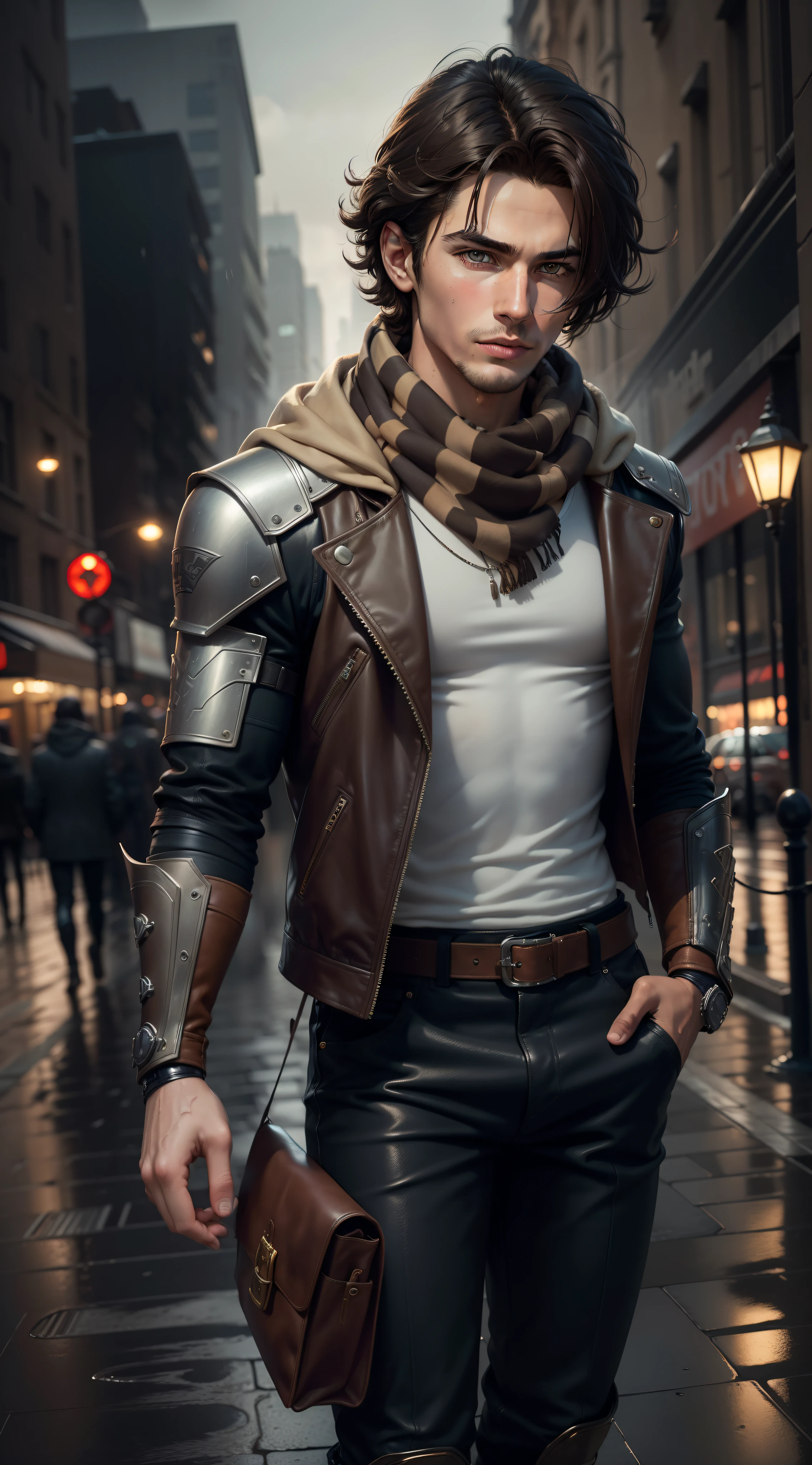 masterpiece, high resolution, extreme detail, best quality, real light and shadow, solo, full body, boy with dark brown hair, cool cowhide fashion outfit, blue, handsome , full pants, detailed face, detailed eyes, scarf, jacket, arm brace, technology, rainy city, wet background, swirl, sparks, superhero landing, dark brown eyes.