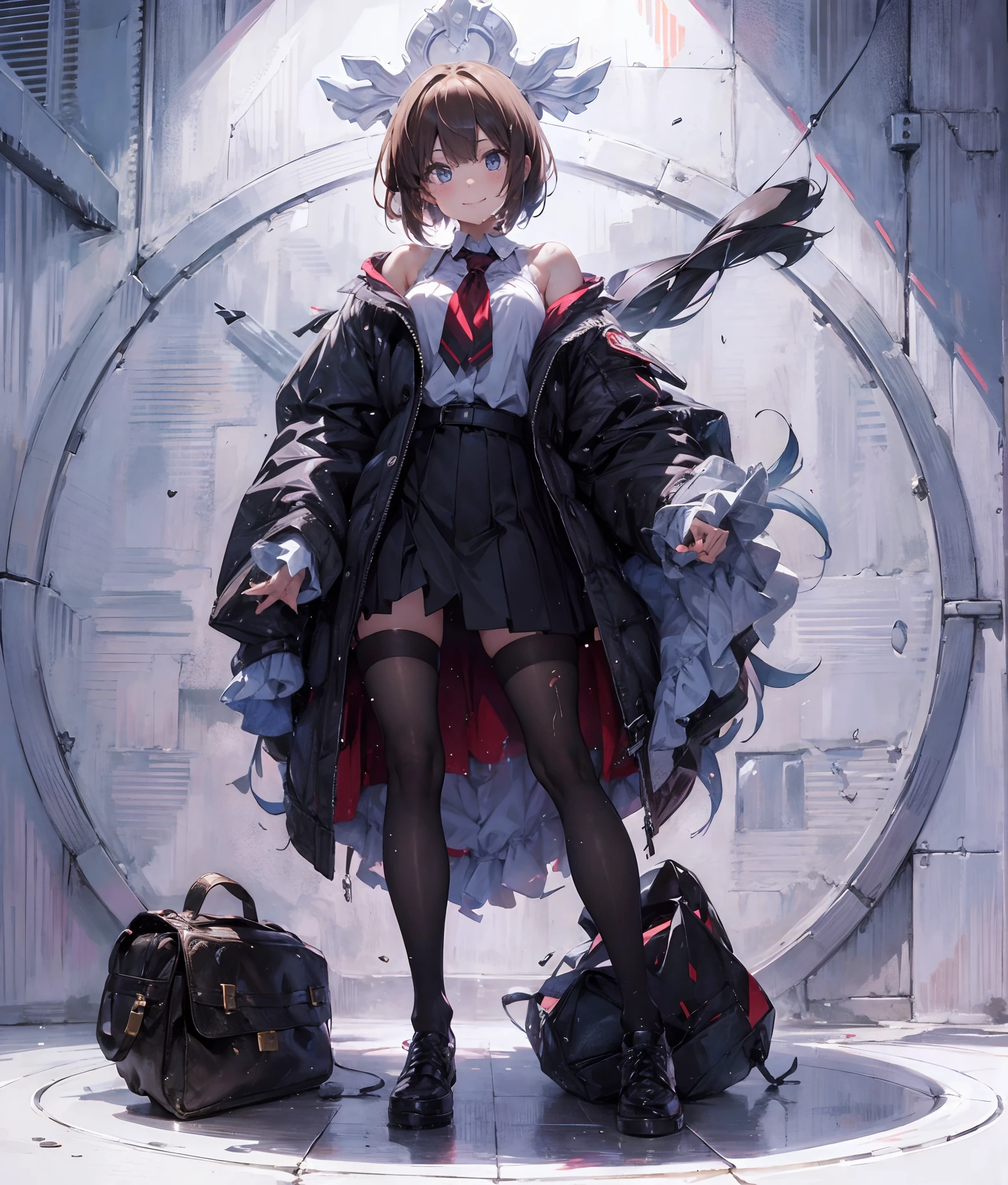 tmasterpiece, best qualityer, 1个Giant Breast Girl,(brunette color hair,colorfulhair:0.9), Wear a nice miniskirt,Very thin clothes, cute smiling,Leaking out of both shoulders,(White background:1.3),(All body,standing on your feet:0.9),Black leather shoes,White socks,first person perspective,short detailed hair,One guy,