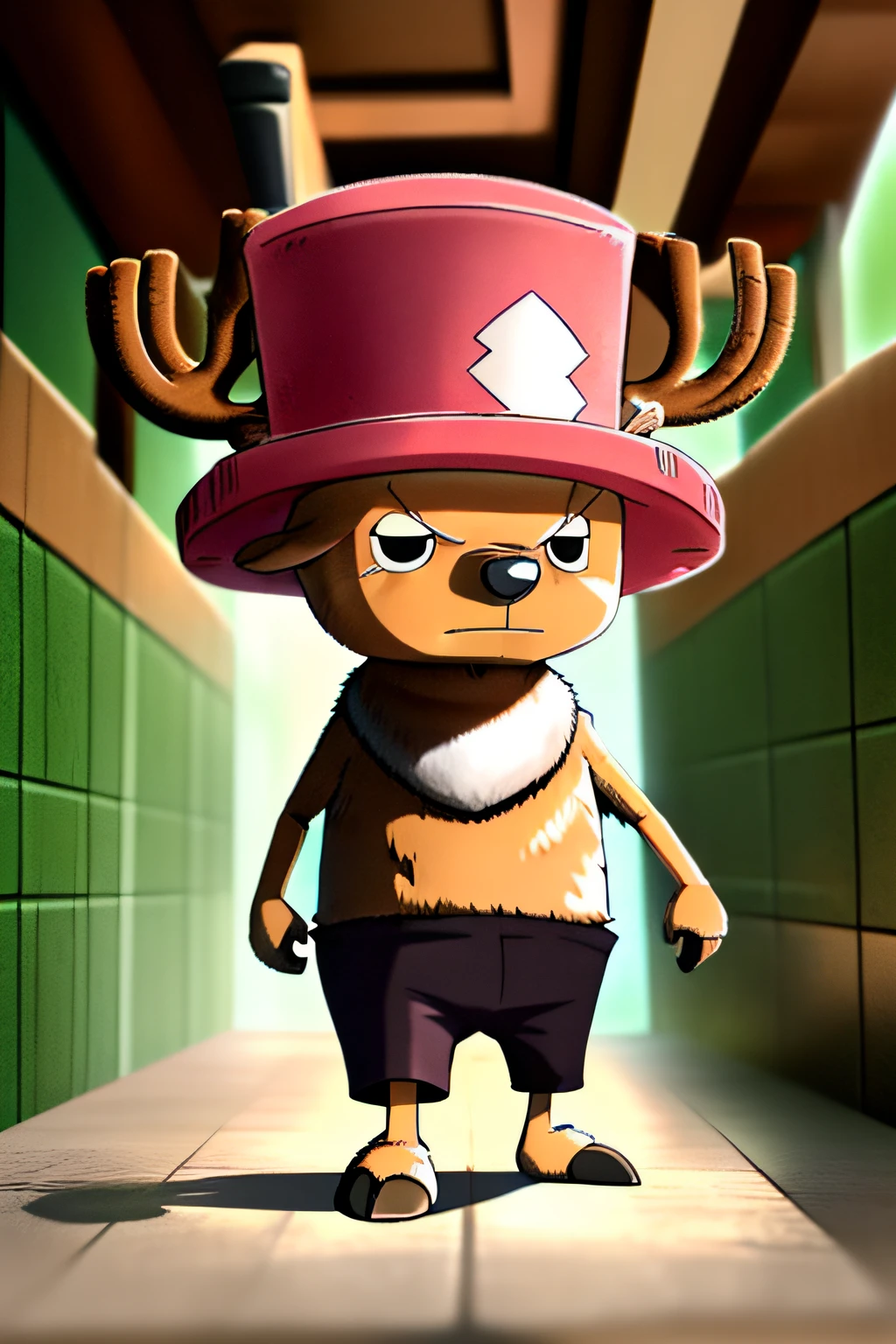 (Best Quality), (masutepiece),(Ultra-detailed:1.2),(Chibi:1.2), 1boy, Chopper Tsar, (brown fur, Short, Animal ears, banya, hooves, Fingers with hooves, Black eyes, snout), (hat, pink headwear, Shorts, Full body), Chopper Tsar, Walking, VIS2, Solo, Shadow, Indoors, hallway, tile wall,