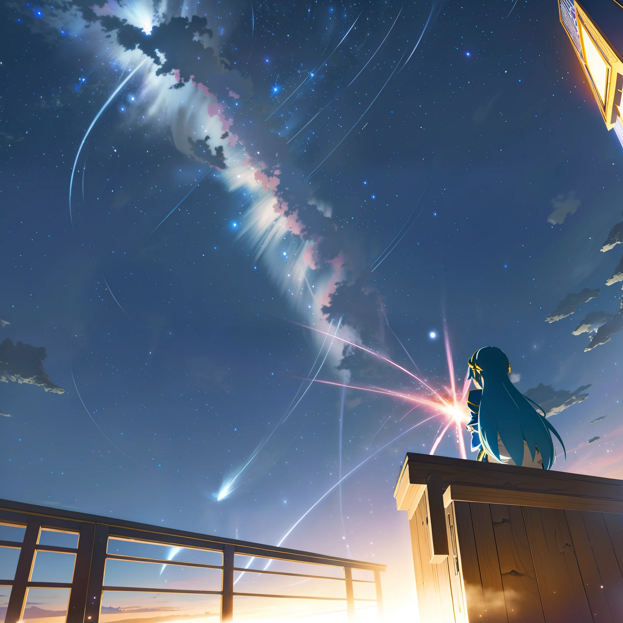 Anime girl sitting on a fence looking at the star trail, Cosmos Sky. By Makoto Shinkai, author:Kaneokase Kane, 《Fire emblem》Lucina, Anime style mixed with Fujifilm, During meteor storms, Beautiful anime artwork, Marin Kitagawa fanart, high detailed official artwork, Anime Sky, anime background key visual, Detailed key anime art, Beautiful anime art