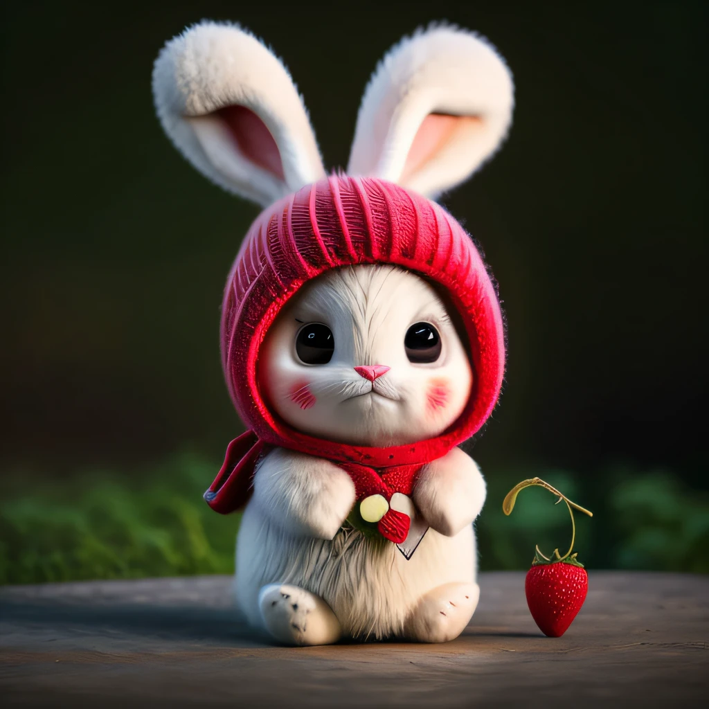 : 3. bunny, realistic, furry animal, apple, black eye, blush, cherry, food, fruit, full body, hat, non-human, strawberry, tomato, watermelon
