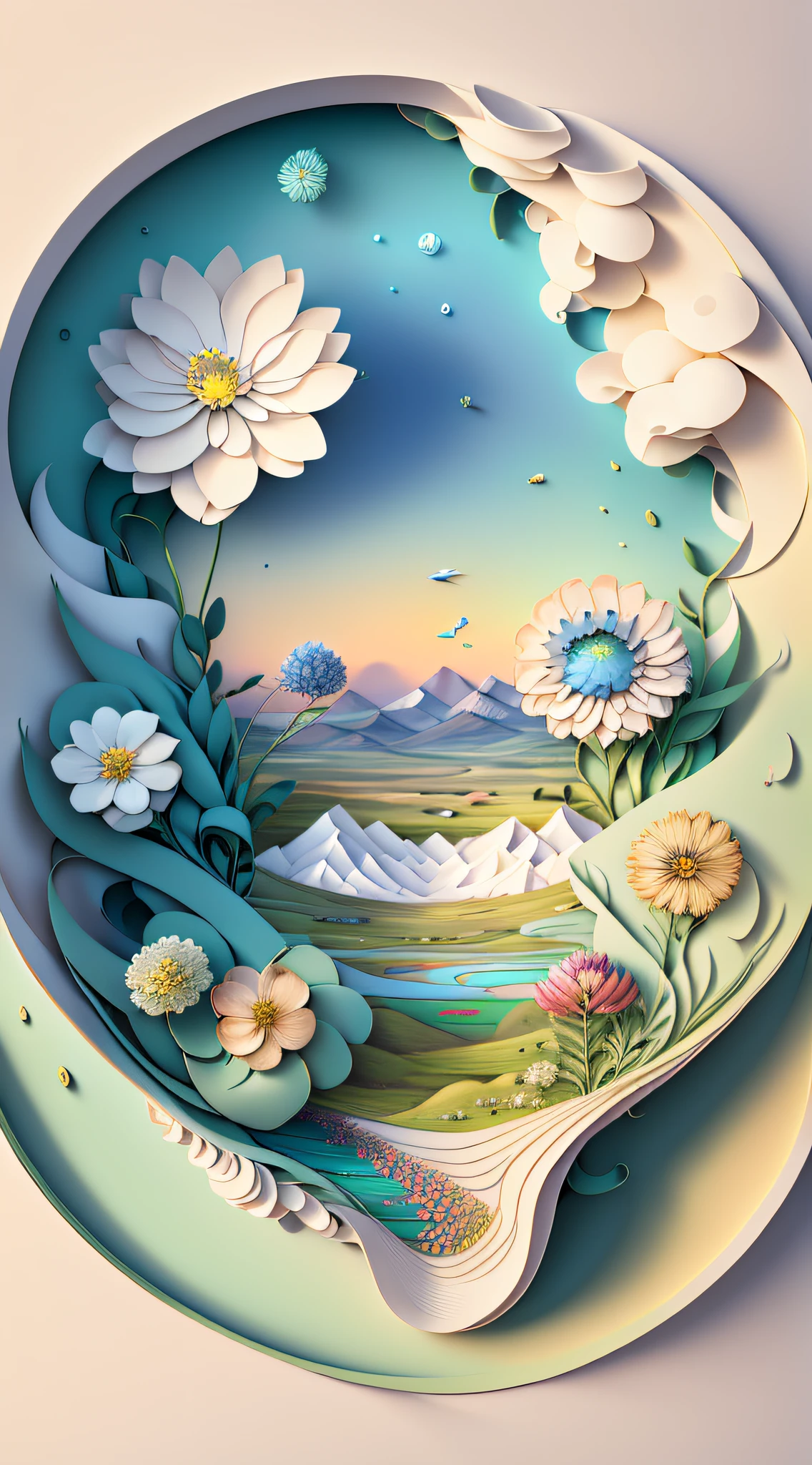 Natural and organic depictions of vast landscapes,Sky and steppe,Kelsang flowers,Clouds,Big wind,Features earth tones and botanical motifs,Withdraw connections to nature and the environment,Influenced by botanical illustrations or environmental art,softlighting,(warm color:1.15),best quality exquisite details,3D rendering of
