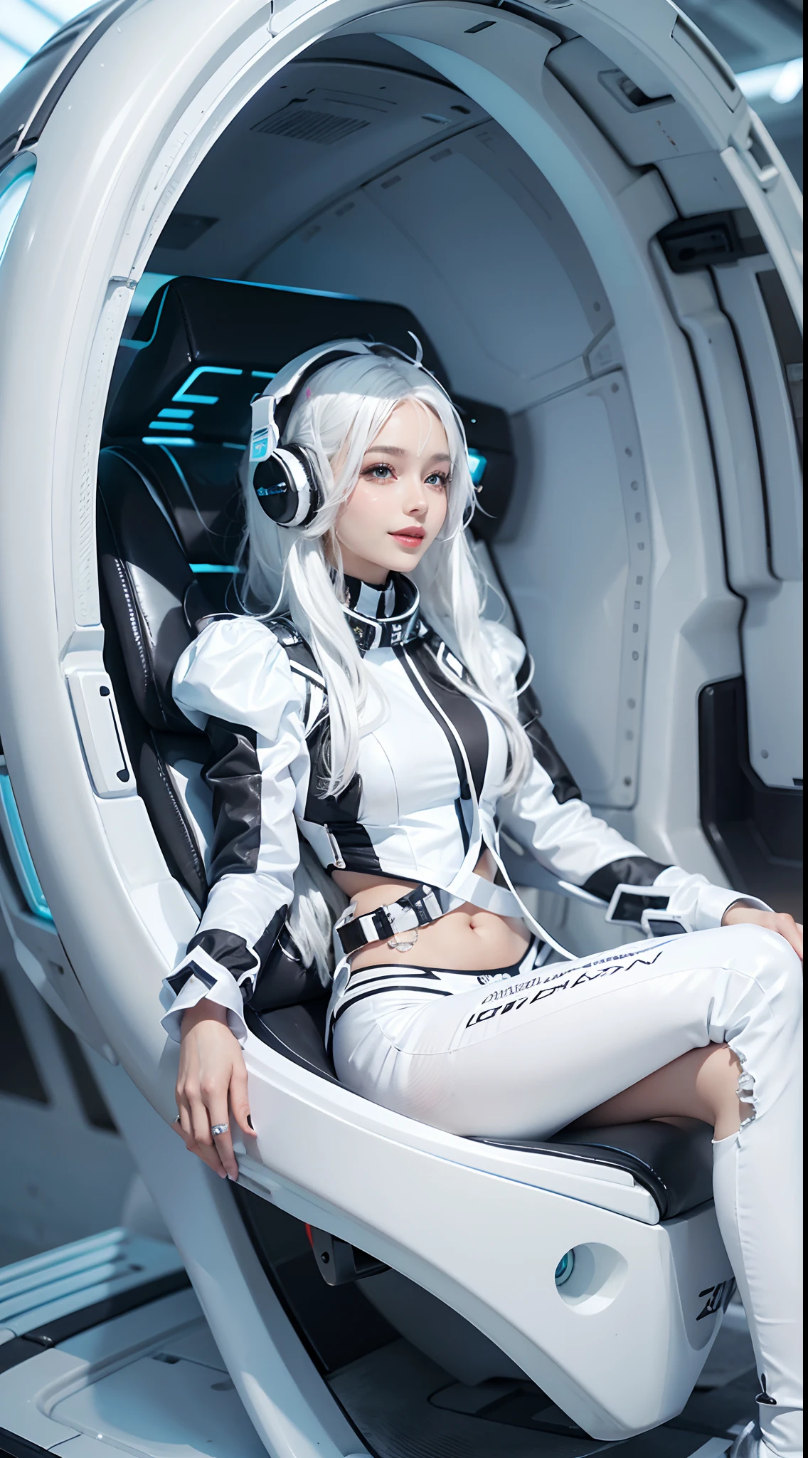 The enchanting woman raised her hand happily,Beautiful Women with Perfect Figure,Beautiful white skin,Beautiful eyes,glossy lips,Lovely smile,White hair,Wear a bikini futuristic ta costume in white and black design,Headphones with functionality,Sitting inside the spaceship