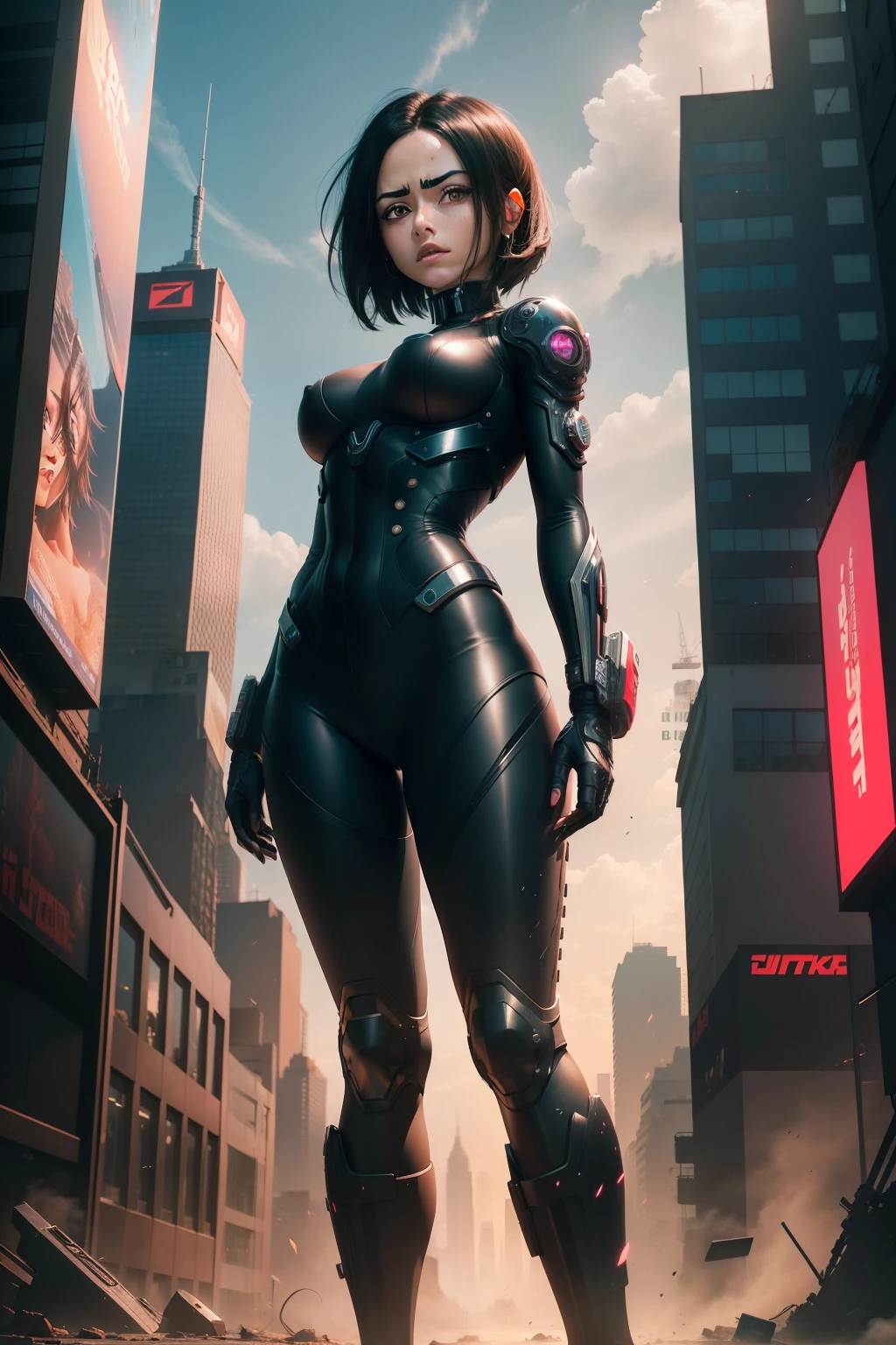 New York, time square, Alita, known as "Battle Angel", is the main character of the manga "Battle Angel Alita" created by Yukito Kishiro. She is a fearless cyborg with a mysterious past and exceptional combat skills. Endowed with great curiosity and compassion, Alita explores the futuristic town of Scrapyard in search of her true identity. Her perfect angelic face, large eyes, contrasts with her determination and lethal skills as she fights mechanical and human threats, evolving both emotionally and physically over the course of the series. Alita embodies the fusion of humanity and technology, exploring themes of identity, justice and self-discovery, (Best Quality: 1.0), (Ultra Highres: 1.0), highly detailed face and eyes, (Photorealistic: 1.2)