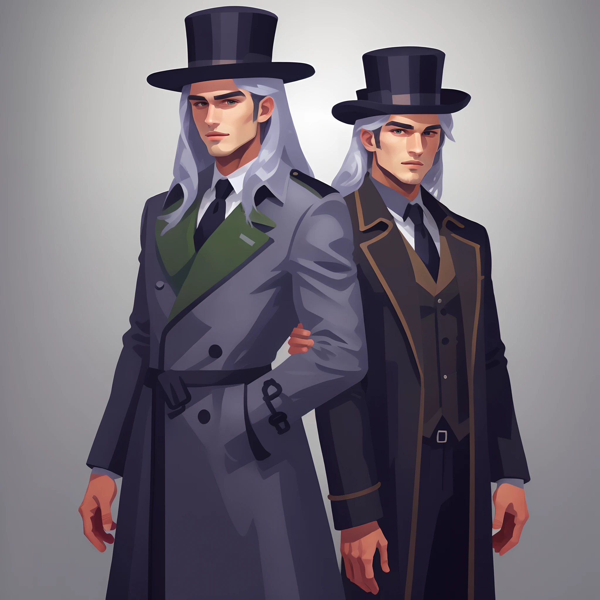 Silver waist-length hair,Emerald eyes,Tall men,Wide shoulders and narrow waist,Wearing a black trench coat,Wears a black top hat,Handsome face,