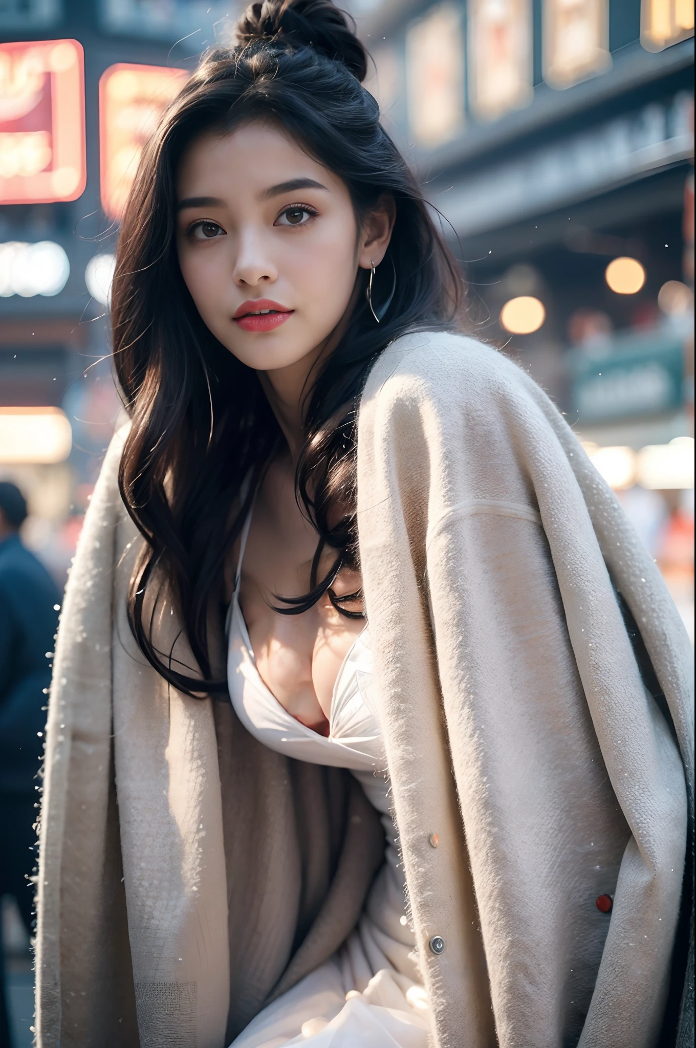 ((best qualtiy,tmasterpiece,超高分辨率)),(realisticlying:1.4),(Star poster-like),1girll,From head to knee,Dynamic posture,adult face,Slim,(ssmile),(shiny skins),(contours,frontage,eventide),whaite hair,long whitr hair,黑The eye,(big cleavage breasts),Top fashion,((White plush coat)),(nevando:1.5,pedestrian street,The city in winter),(Clear eyes),(Clear nose),(Clear lips),(Fair skin),(Ultra-realistic textile textures)
