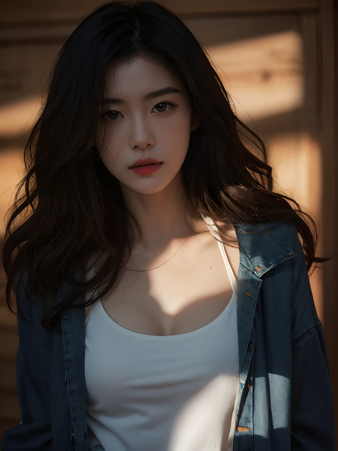 Best quality, masterpiece, ultra high res, (photorealistic:1.5), raw photo, 1girl, Jeans jacket unbuttoned, black tank top, in the dark, deep shadow, low key, cold light, sexy look, look 21 years old, look adult, brown eye, boobs, Half body portrait, brown background, long hair, Long brownish black hair, Slightly messy long hair , Curly eyelashes, Chinese-american face, Shoulder length hair, offshoulder, sexy face, sexy, nsfw