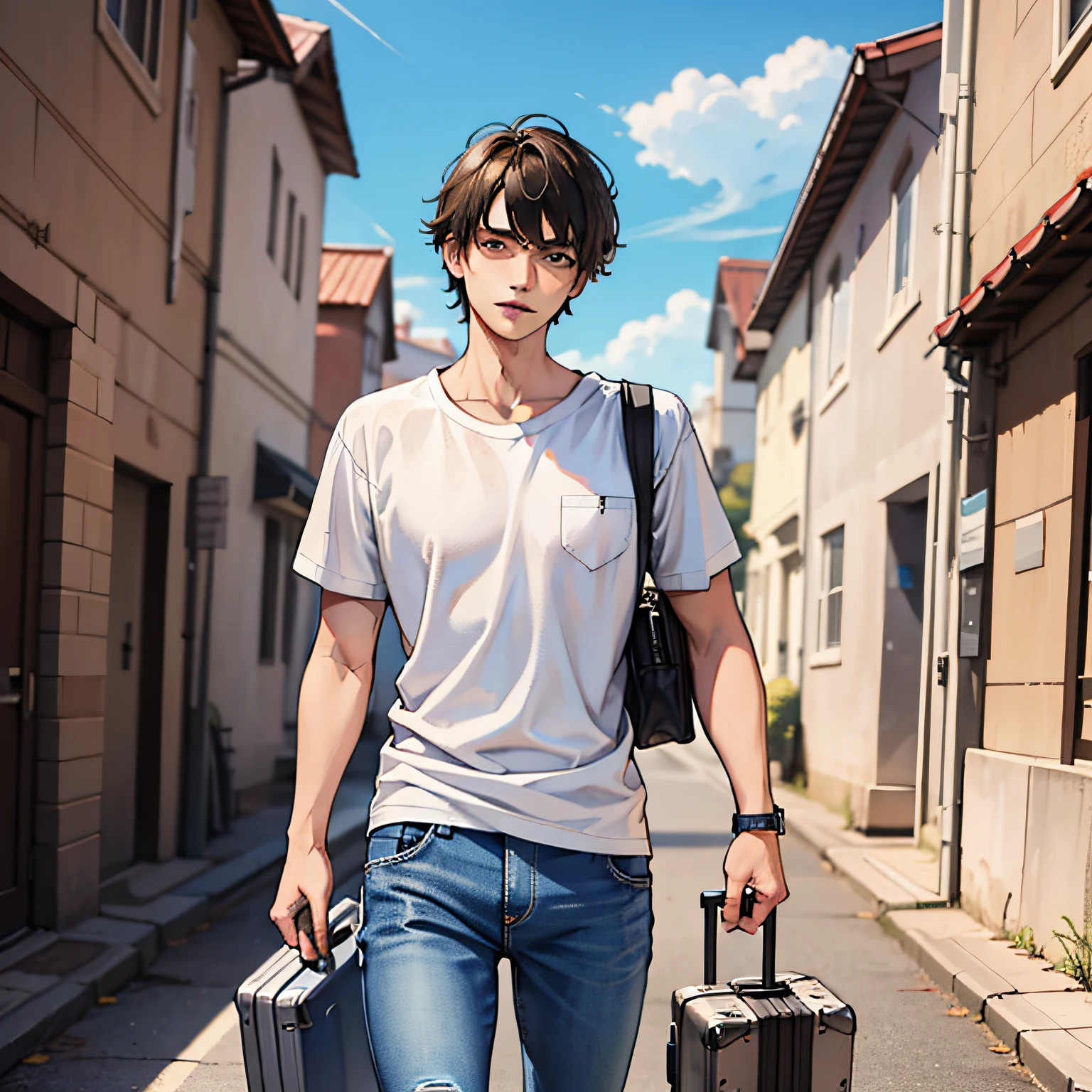 A man wearing a white T-shirt and blue jeans,Hand pull suitcase,The background is the gate of the school,8K,A high resolution