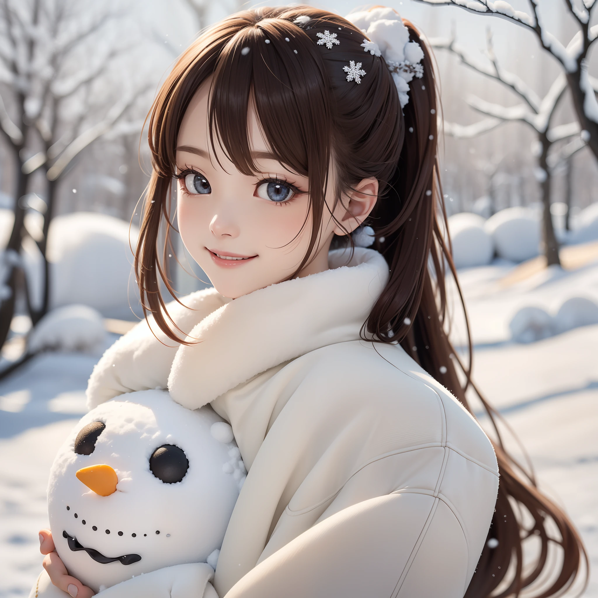 (Photorealsitic、top-quality)、​masterpiece、extremely delicate and beautiful、A highly detailed、nffsw、Unity、2k wallpaper、astonishing、finely detail、Highly detailed ticker Unity 8k wallpaper、ultra-detailliert、hight resolution、absurderes、1girl in、（Full body like）、front facing、（Winter Snow Park、Hide behind a snowman）、Hairstyle ponytail、a beautiful detailed girl、Detailed finger、Beautiful face、beautiful detailed nose、beatiful detailed eyes、long eyeslashes、cute little、20yr old、(full body Esbian:1.3)、Lifelike face、(A smile、closes mouth)、Two legs with beautiful details