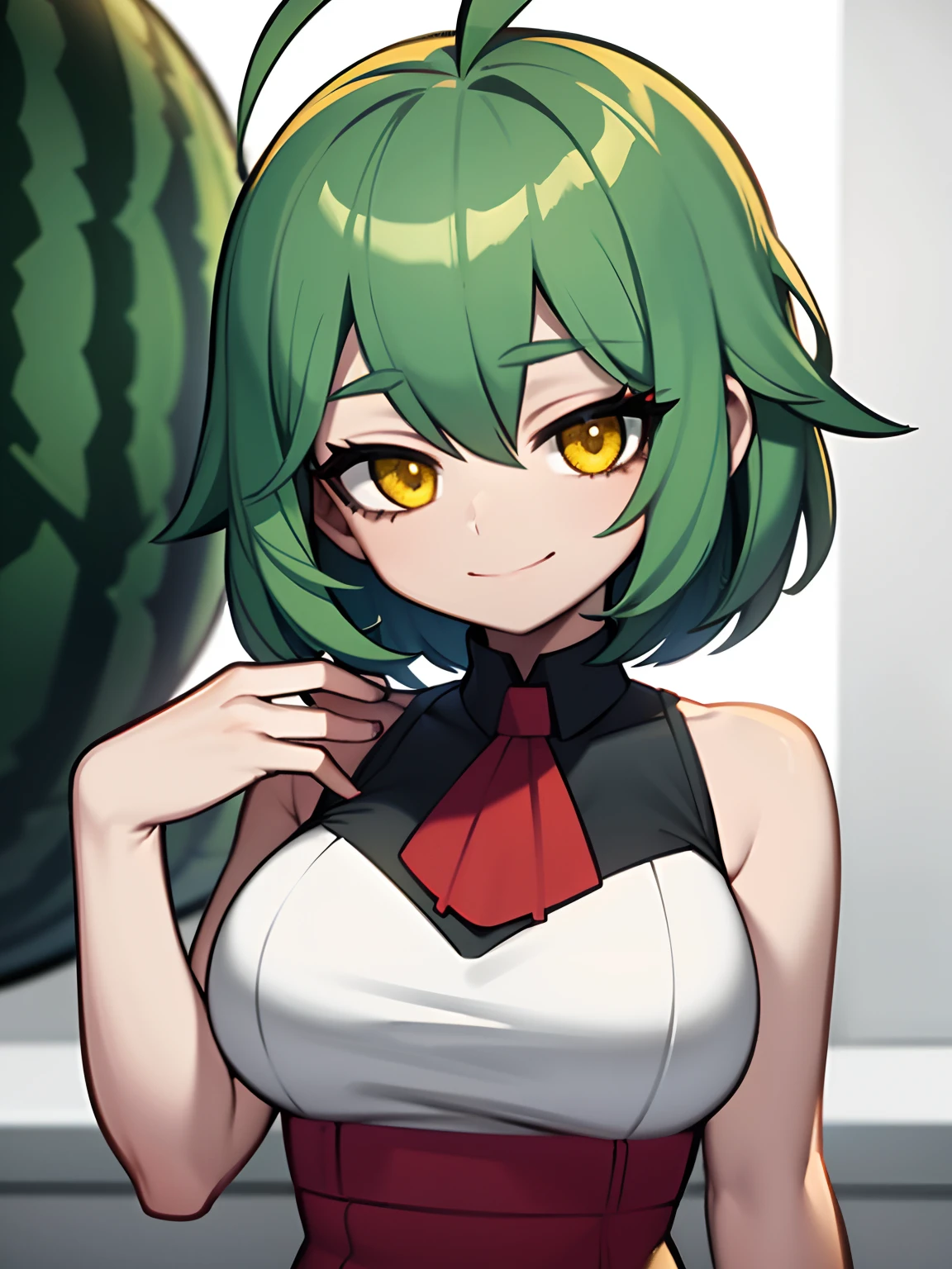 Girl, watermelon, short green hair, red eyes, watermelon costume, big breasts, exposed belly,
