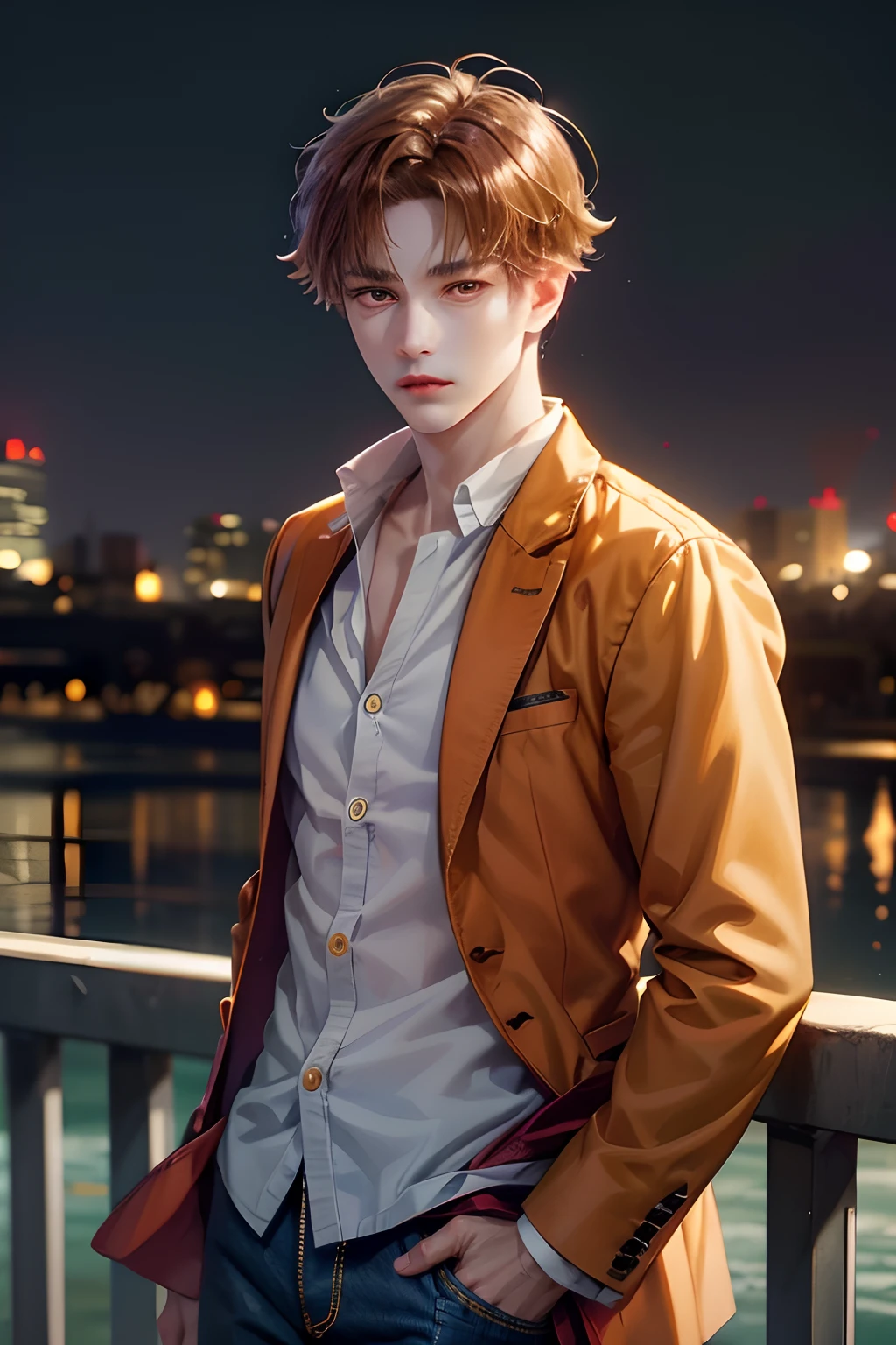 Character focus, Portrait, Kiyotaka Ayanokoji, 1boy, beautiful boy, androgenous, beautiful apathetic eyes, half-lidded orange eyes, thin eyebrows, dark orange hair, jeans, white shirt, red jacket, city, blurred baclground, masterpiece, trending on artstation, best quality, cinematic lighting, highly detailed, 8k, wallpaper