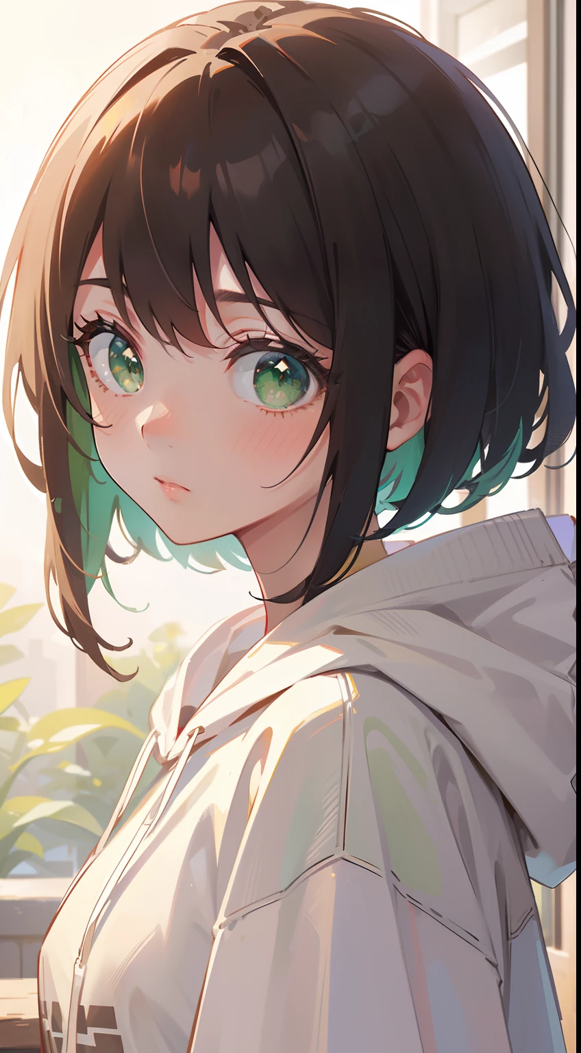 (masterpiece), (best quality), ultra high res, sharp focus, warm pastel tone, ((1 woman, solo)),  upper body, dutch shot, beautiful detailed hair, chestnut brown hair, smooth bob hair, beautiful detailed face, ((beautiful shape eyes, green eyes)), perfect feminine face, cute oversize hoodie, look at the viewer