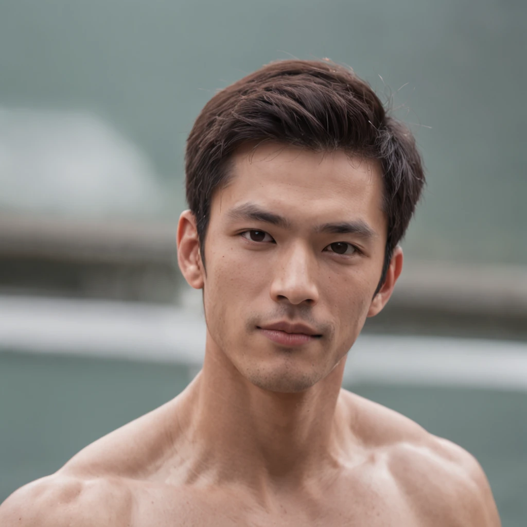 Handsome gay man, masculine, muscular, short hair man muscular, 30 years old man, looking straight ahead, looking at camera, naked man, shirtless man, hairy man, Japanese famous actor, masculine look, dark chest hair, dark armpit hair, dark shin hair, dark body hair, looking at the camera, bathing in hot springs, A lot of beautiful flowers are blooming around.