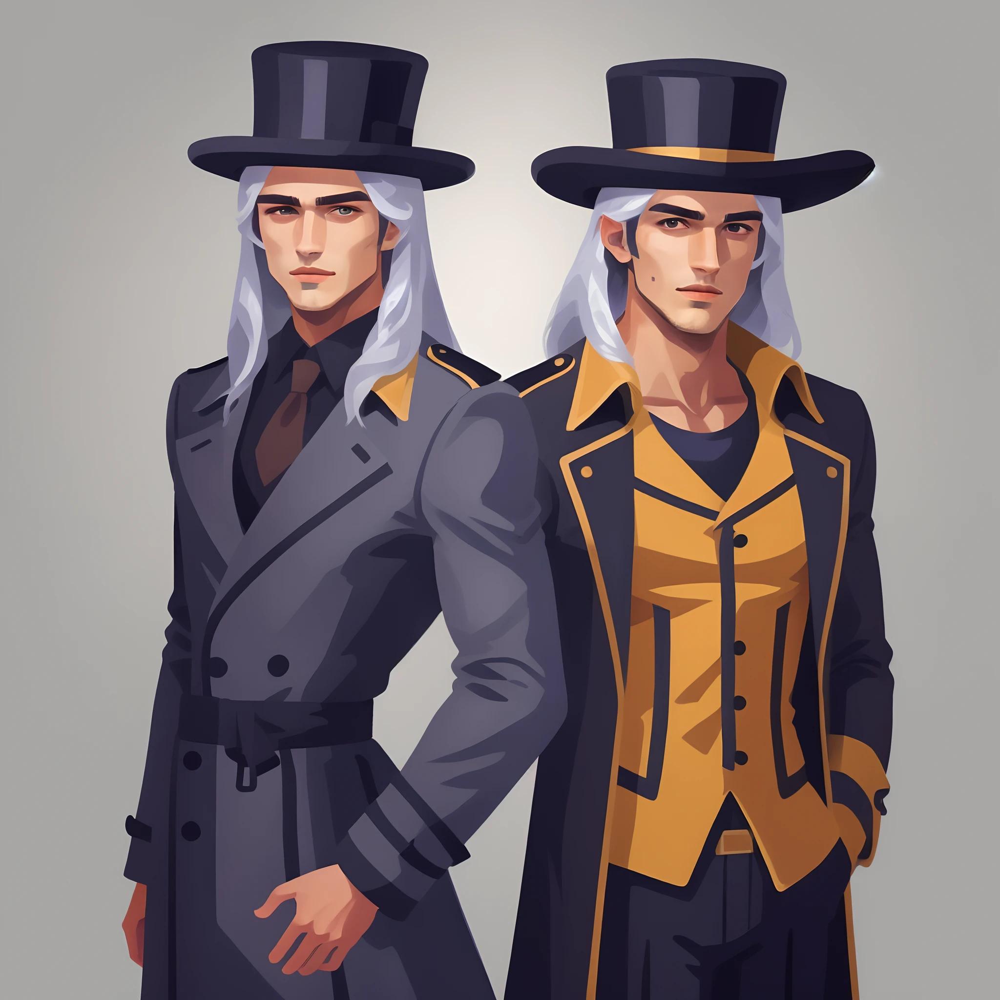 Silver waist-length hair，Emerald eyes，Tall men，Wide shoulders and narrow waist，Wearing a black trench coat，Wears a black top hat，Handsome face，