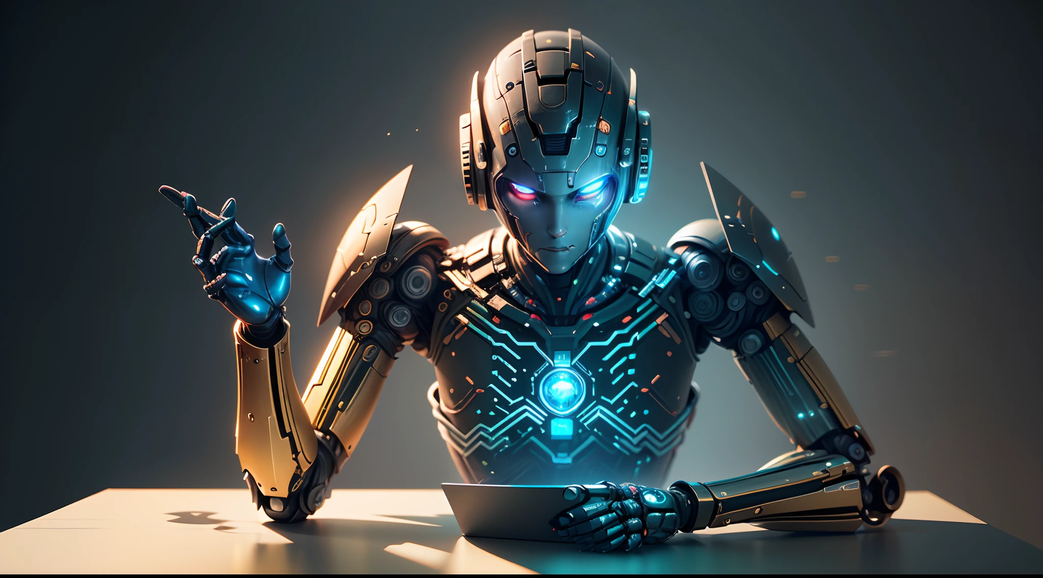 there is a robot sitting at a table with a laptop, friendly humanoid cyber robot, ciborgues trabalhando, 8 k cg render, renderizado no Unreal Engine 5, the golden humanoid robot, close-up of a robot sitting down, Feito em Unreal Engine 5, Criado em Unreal Engine 5, the most advanced humanoid robot, portrait of a futuristic robot