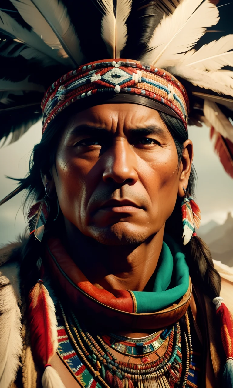 Create the image of a Native American Native American dramatic lighting, digital art trending on Artstation 8k HD high definition detailed realistic, circunstanciado, textura da pele, hiper detalhado, textura de pele realista, armadura, melhor qualidade, ultra high-resolution, (fotorrealista:1.4), high resolution, circunstanciado, Foto RAW, sharp re, by Lee Jeffries Nikon D850 film Stock Photography 4 Kodak Portra 400 camera F1.6 lens rich colors hyper realistic lifelike texture dramatic lighting unrealengine trending on artstation cinestill 800,