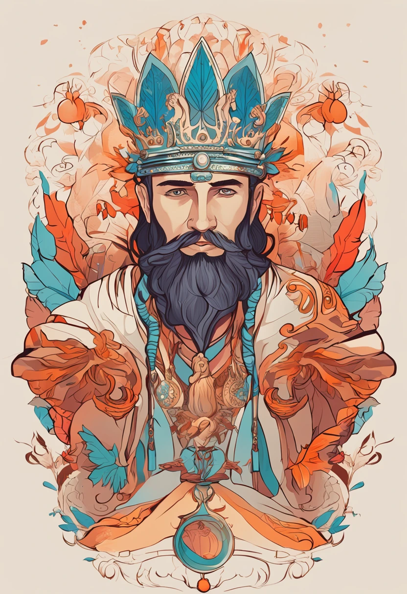 There is a man with a crown and feathers on his head, Beeple e Alphonse Mucha, usando uma coroa de penas brilhantes, Beeple e Jean Giraud, stunning digital illustration, Retrato de Martin Ansin, personagem de fantasia hiperdetalhado, O deus imperador da Humanidade, deus rei da arte ai, homem com coroa, deus imperador