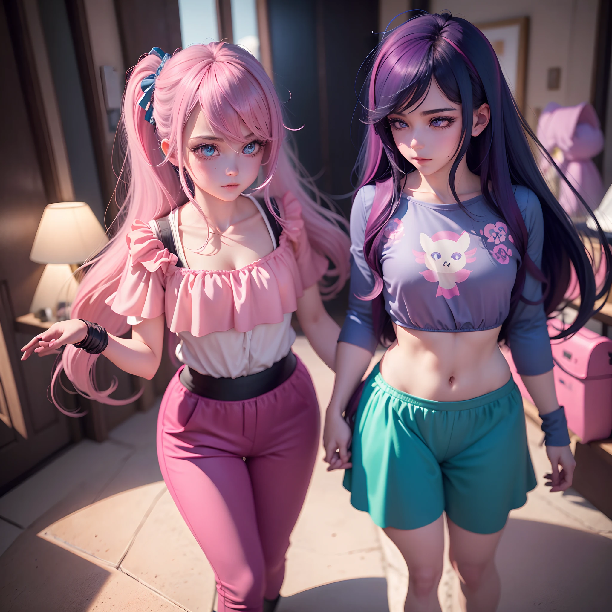 Retrato anime de um personagem original corpo completo, Full-body magical heroine, volumeric lighting, melhores sombras, Atraente rosto bonito com olhos personalizado, rosto pintado perfeito, sobrancelhas finas, amplamente sorrindo, Lovely ???????, batom rosa,  cabelos curtos, pixie curto cabelo rosa neon, sombra de blush, bushy eyelashes, roupas kawaii elegantes, fofinha, cintura fina, red pants, Com Cinto De Fivela, mochila infantil, Cultura Kawaii, Magical atmosphere for children (mais alta qualidade, detalhes surpreendentes: (((gender bender))) ((( gender bender))).  (((Androgy)))