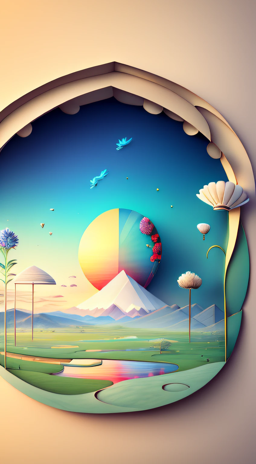 Natural and organic depictions of vast landscapes,Sky and steppe,Kelsang flowers,Clouds,Big wind,Features earth tones and botanical motifs,Withdraw connections to nature and the environment,Influenced by botanical illustrations or environmental art,softlighting,(warm color:1.15),best quality exquisite details,3D rendering of,The back of a middle-aged man,The back of a middle-aged man