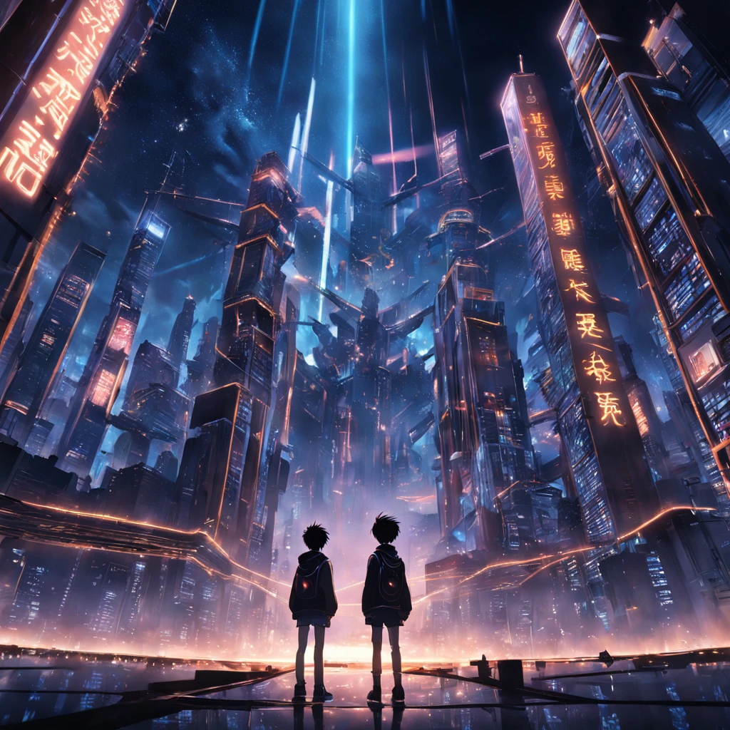 tmasterpiece，best qualtiy，cinematic Film still from,3boysl，High-tech learning city technology looks up landscape, From below, Perspective, deep in the night, the night, Best quality dark background，（spark of light：0.7）