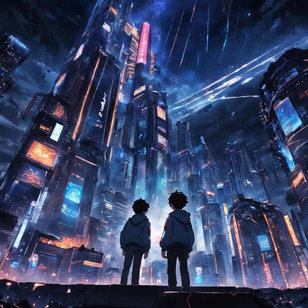 tmasterpiece,best qualtiy,cinematic Film still from,3boysl,High-tech learning city technology looks up landscape, From below, Perspective, deep in the night, the night, Best quality dark background,(spark of light:0.7)