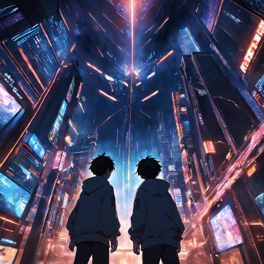tmasterpiece,best qualtiy,cinematic Film still from,3boysl,High-tech learning city technology looks up landscape, From below, Perspective, deep in the night, the night, Best quality dark background,(spark of light:0.7)