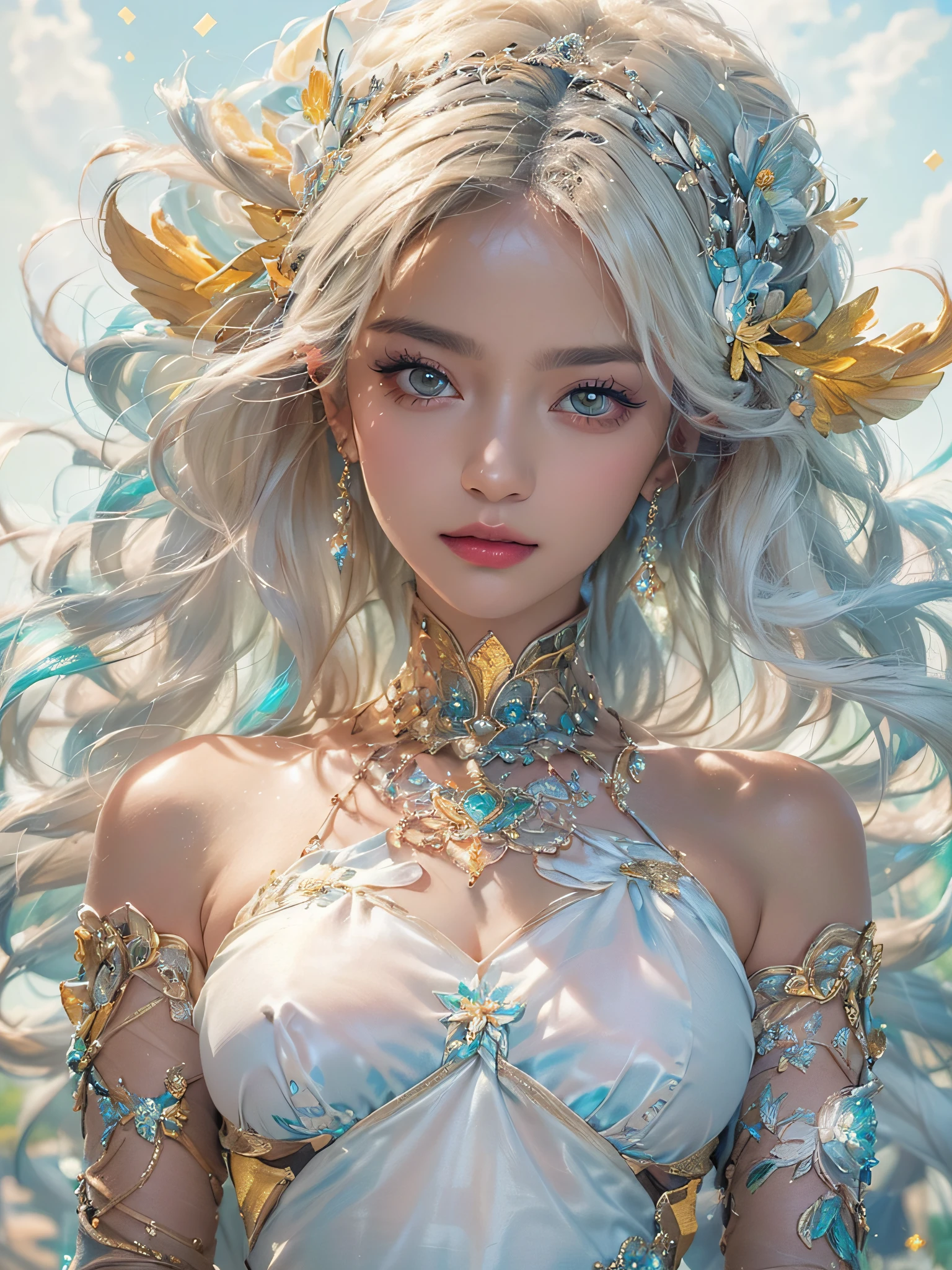 (a venus wearing a see-through silk toga),(official art, unity 8k wallpaper, ultra detailed, beautiful and aesthetic, masterpiece ,best quality, photorealistic:1.3),(dynamic angle:1.1), shiny skin ,ultra-detailed face, detailed eyes, lustrous lips , (upper body: 1.3),(Aurora Background: 1.2), (floating colorful sparkles:1.1),elegant, vivid colours,