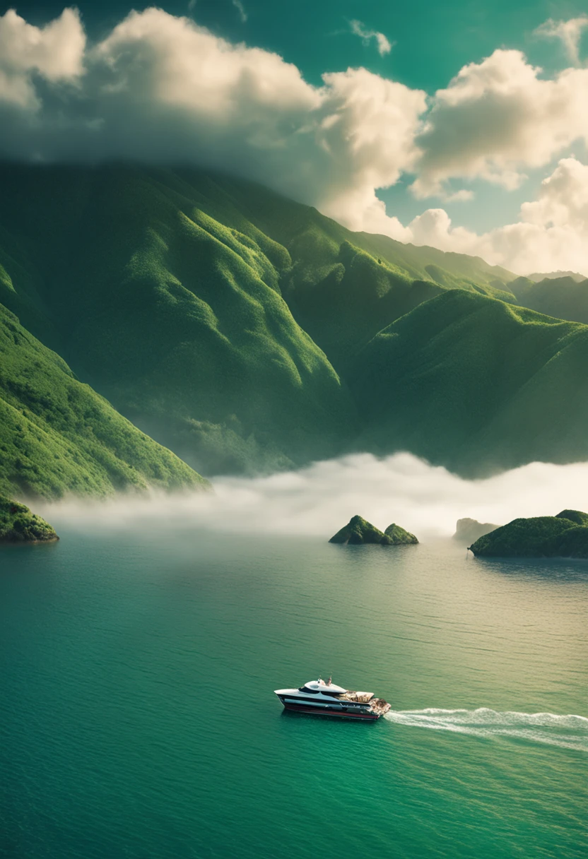vast expanse of emerald green mountains and a deep blue ocean. with a drifting boat