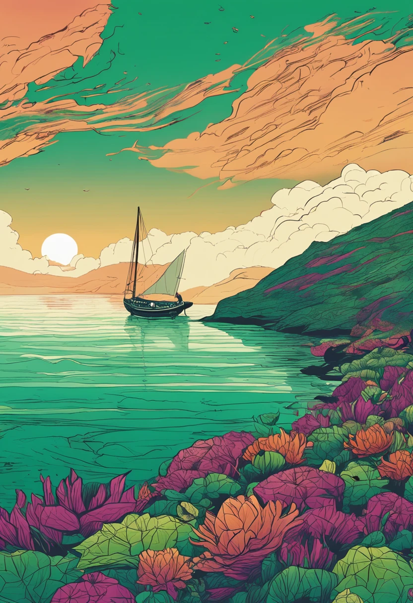 vast expanse of emerald green mountains and a deep blue ocean. with a drifting boat