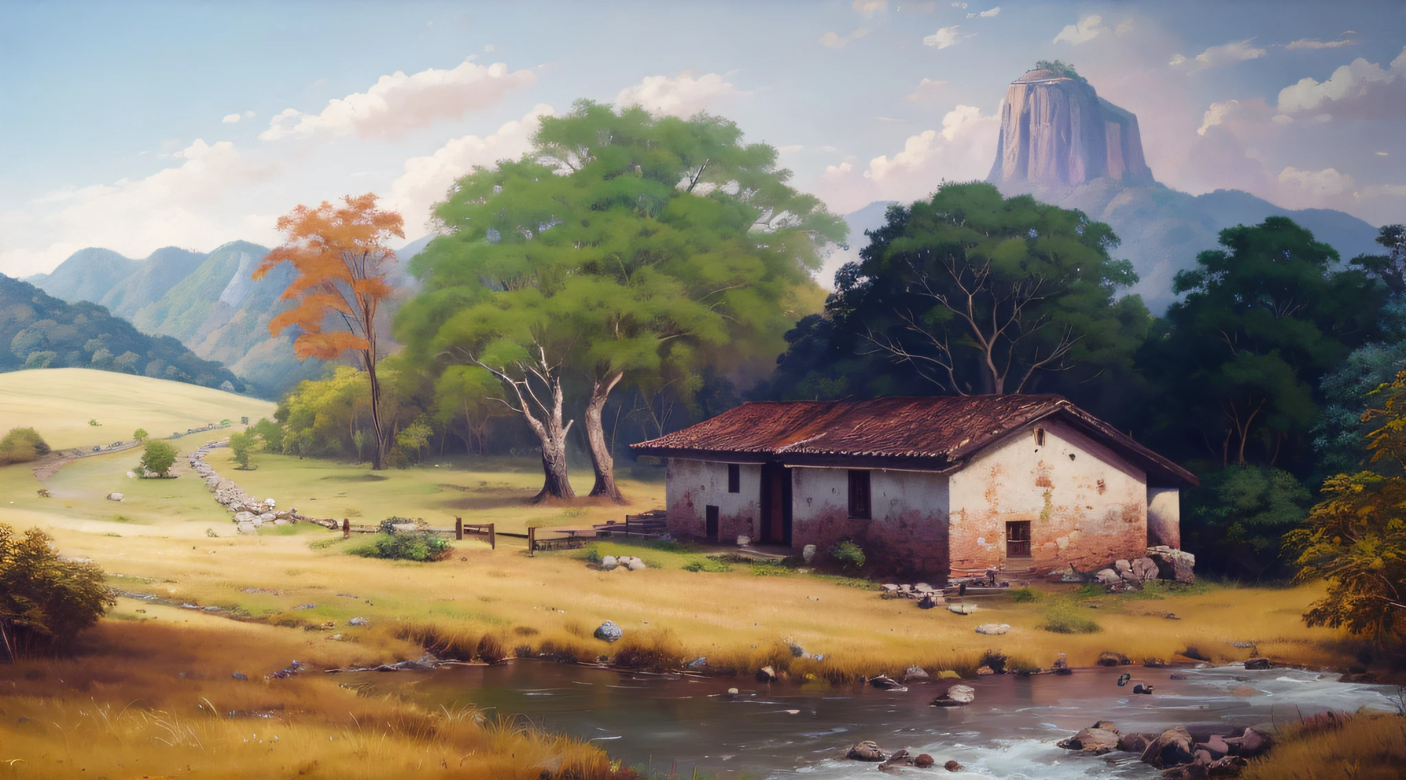 pintura de um rio que atravessa um vale verde exuberante com montanhas ao fundo, colinas fluidas, 8k resolution digital painting, 8k resolution digital painting, Pintura digital 4K, Pintura digital 4k, pintura digital detalhada, baixo detalhamento. pintura digital, Pintura Digital de Alto Detalhe, peaceful landscape, rio, trees and hills, pintura detalhada 4K, pintura digital 4k