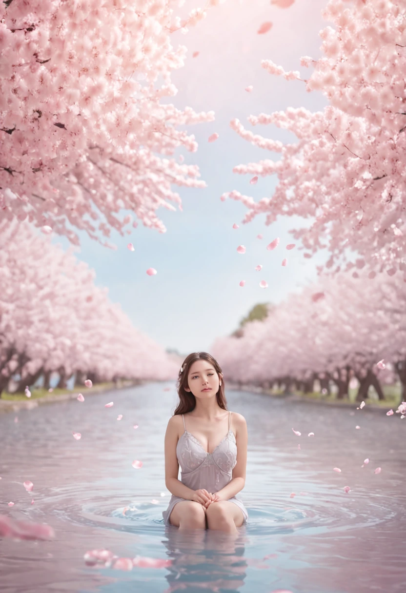 masterpiece, best quality, ultra-detailed, illustration, 1girl, solo,((sitting in the shallow water, surrounded by pink sakura petals floating on the water)), butterfly, wisteria, electricity, blue sky, cloudy sky,(large breasts), ((eye focus)), expressionless, critical angle, bokeh, depth of field, ((eye focus)), light glowing particles, arms behind back,