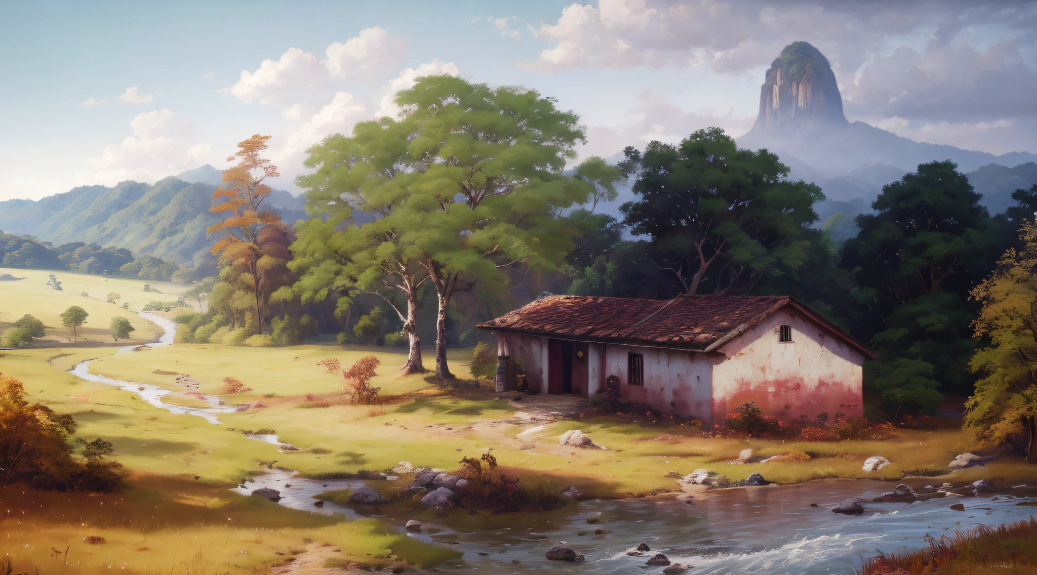 pintura de um rio que atravessa um vale verde exuberante com montanhas ao fundo, colinas fluidas, 8k resolution digital painting, 8k resolution digital painting, Pintura digital 4K, Pintura digital 4k, pintura digital detalhada, baixo detalhamento. pintura digital, Pintura Digital de Alto Detalhe, peaceful landscape, rio, trees and hills, pintura detalhada 4K, pintura digital 4k