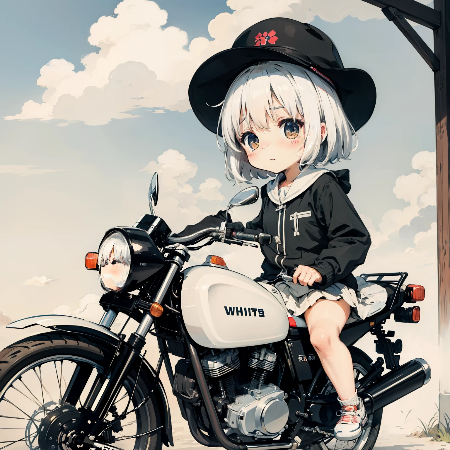 White clouds，****,elementary student，A *********** driving a motorcycle，独奏, (with short white hair:1.2),