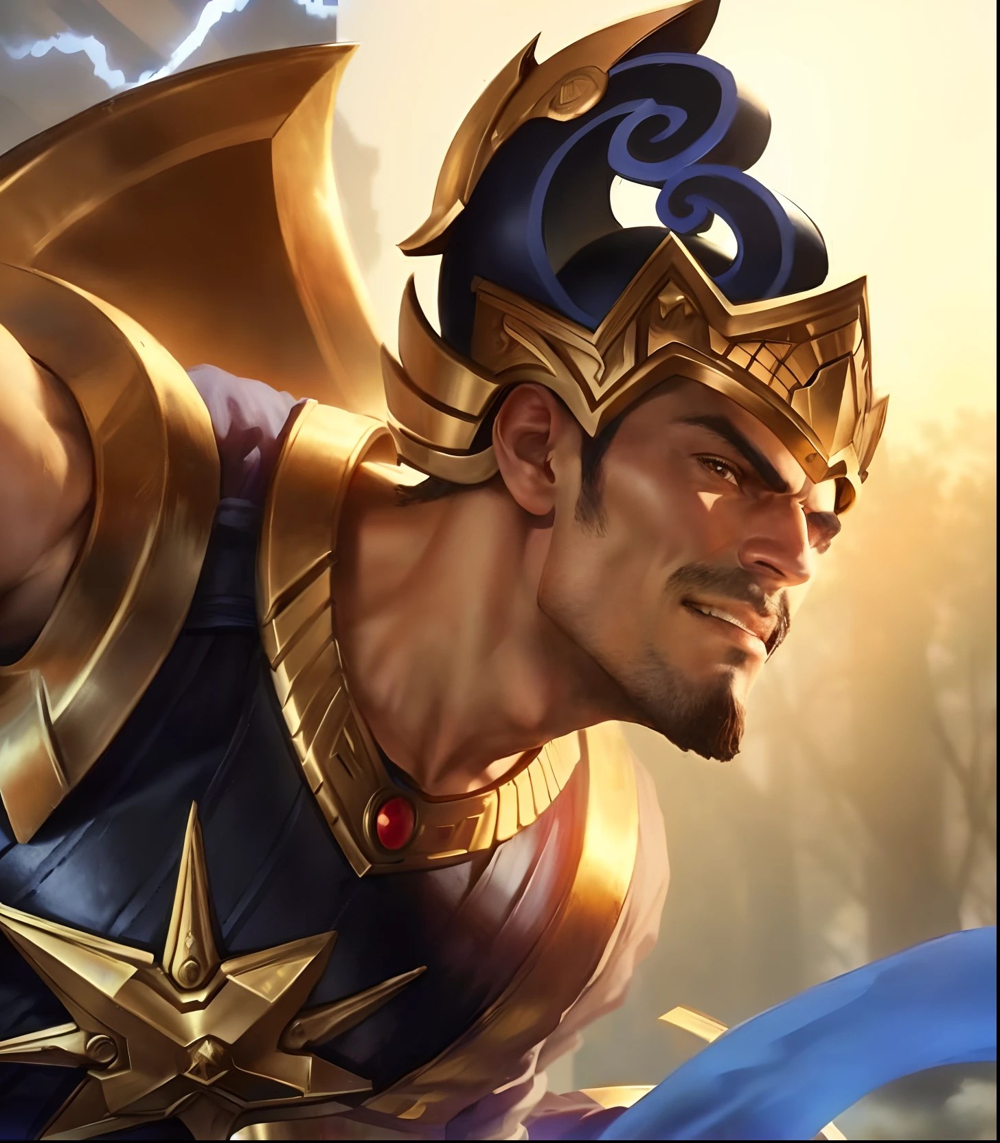a close up of a man with a helmet on holding a sword, gatotkaca,