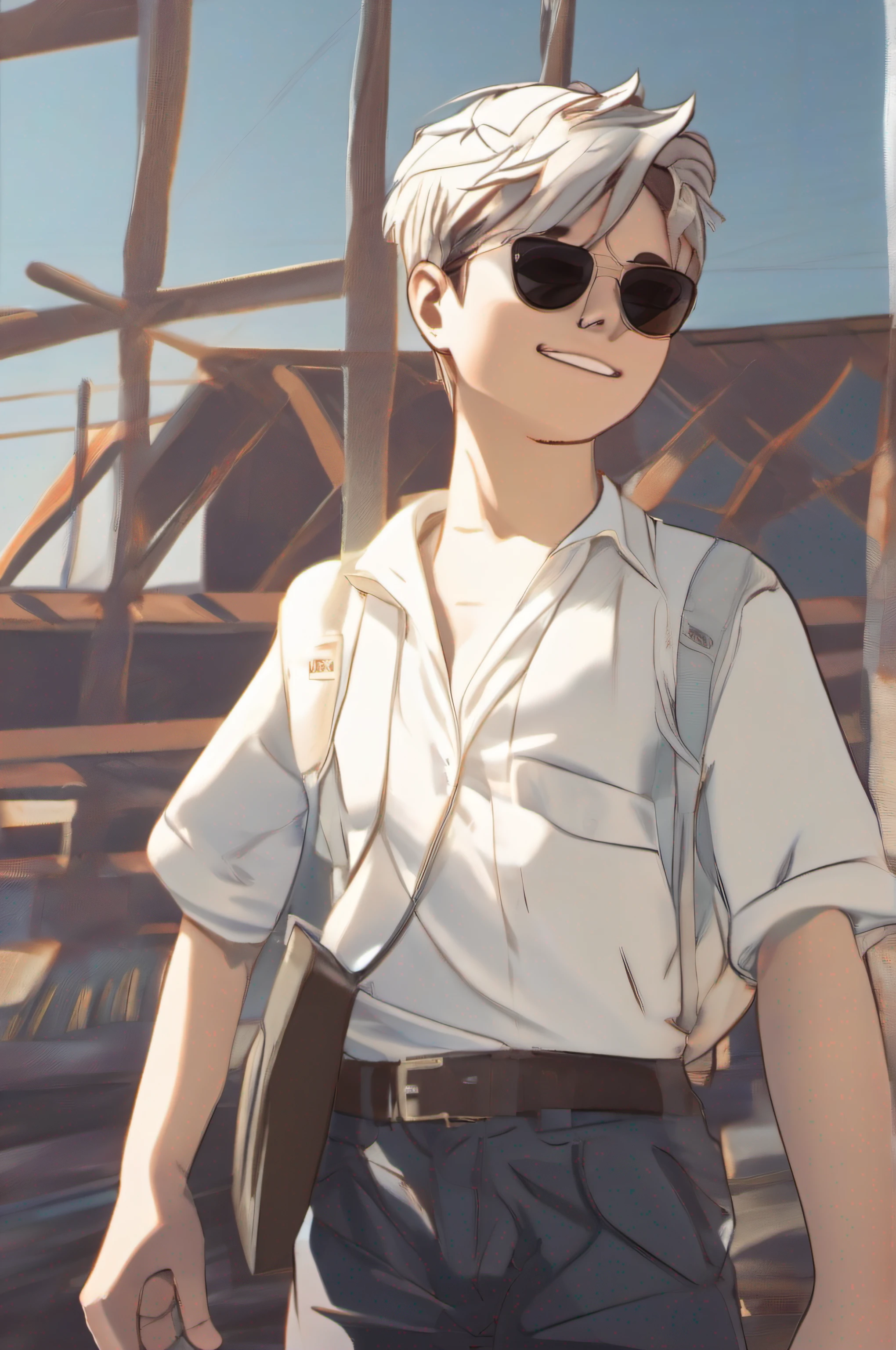 1boy, wanostyle, sorridente, olhando para o espectador, solo, parte superior do corpo, ((obra-prima)), (melhor qualidade), (extremamente detalhado), profundidade de campo, sketchfab, sombras escuras intensas, foco nítido , soft-lighting, hdr, colorido, good composition, fogo ao redor, espetacular, camisa fechada, captura de tela de anime, pronto para lutar, Oculos branco