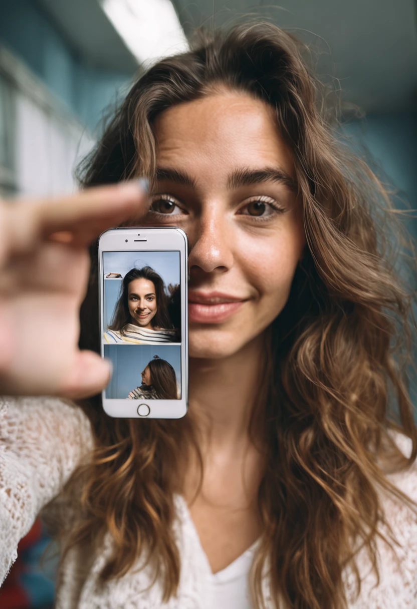Il y a une femme qui prend un selfie dans un miroir, selfie miroir, selfie of a young woman, very very low quality picture, aux cheveux longs, Poor quality images, Ses cheveux sont longs et raides, prendre accidentellement un selfie, iPhone selfie, Photographie selfie 8k, low quality photo, her loose hair, Poor quality photography, 18 ans, les mains dans ses cheveux