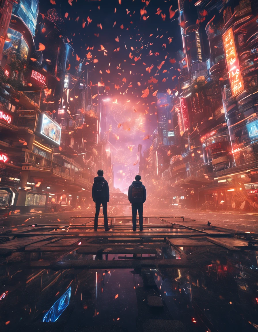 Best quality, Masterpiece, 超高分辨率, (photograph realistic:1.4), surrealism, Dream-like,fusionart, tmasterpiece,best qualtiy,cinematic Film still from,3boysl,High-tech learning city technology looks up landscape, From below, Perspective, deep in the night, the night, Best quality dark background,(spark of light:0.7)