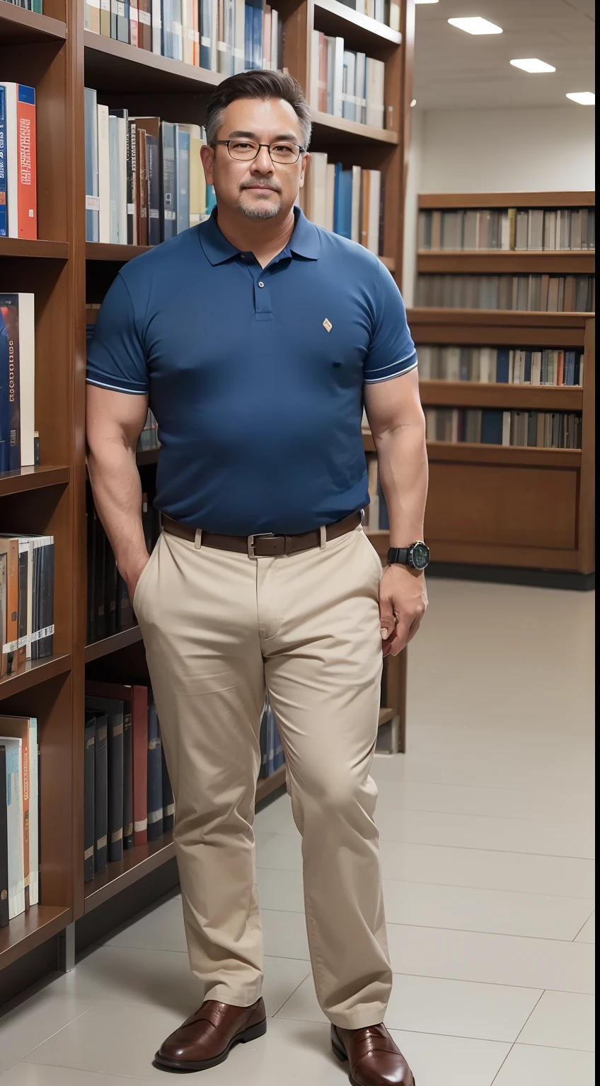 Full body shot, A middle aged man,wearing glasses,smartwatch,White skinned,Ultra flat head,Muscular men,Muscular,Thick thighs,Broad shoulders,Light blue short sleeved shirt,Khaki trousers,Large bulge in crotch,Best quality,Standing in a library with a book in hand.