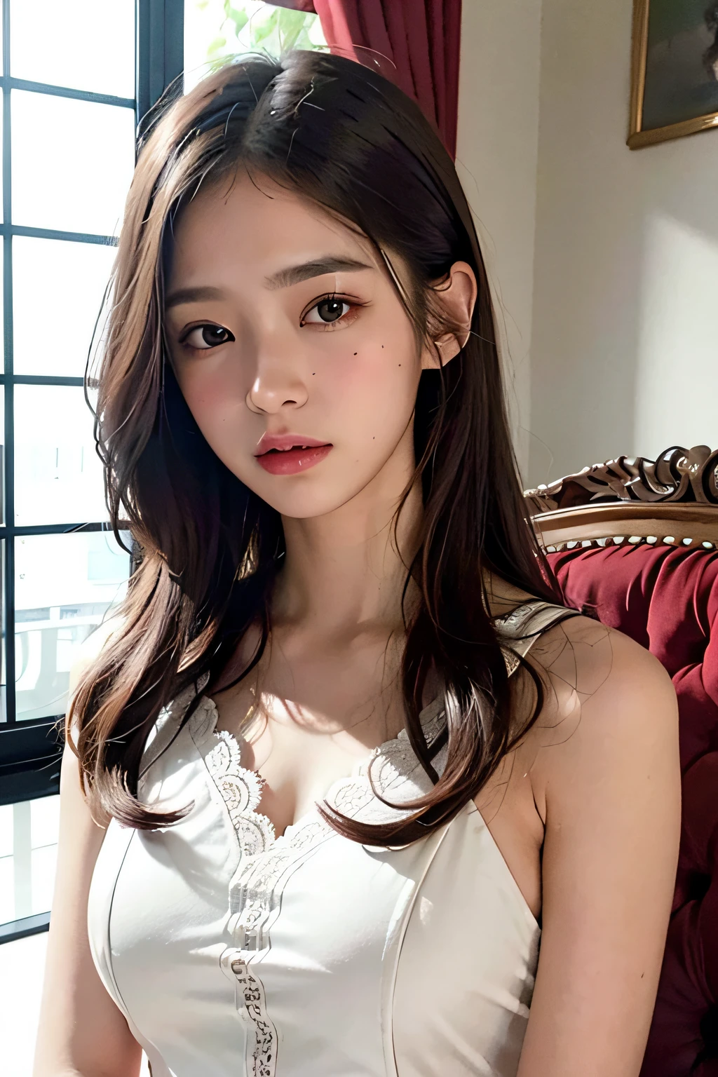 top-quality、tmasterpiece、The is very detailed、A high resolution、4K、超A high resolution、detailed shadow、ultra-realistic realism、hentail realism、dramatic lighting、1girll、独奏、A detailed face、photorealistic eye、real looking skin、white dresses、dark brown hair、dynamicposes、White lace dress