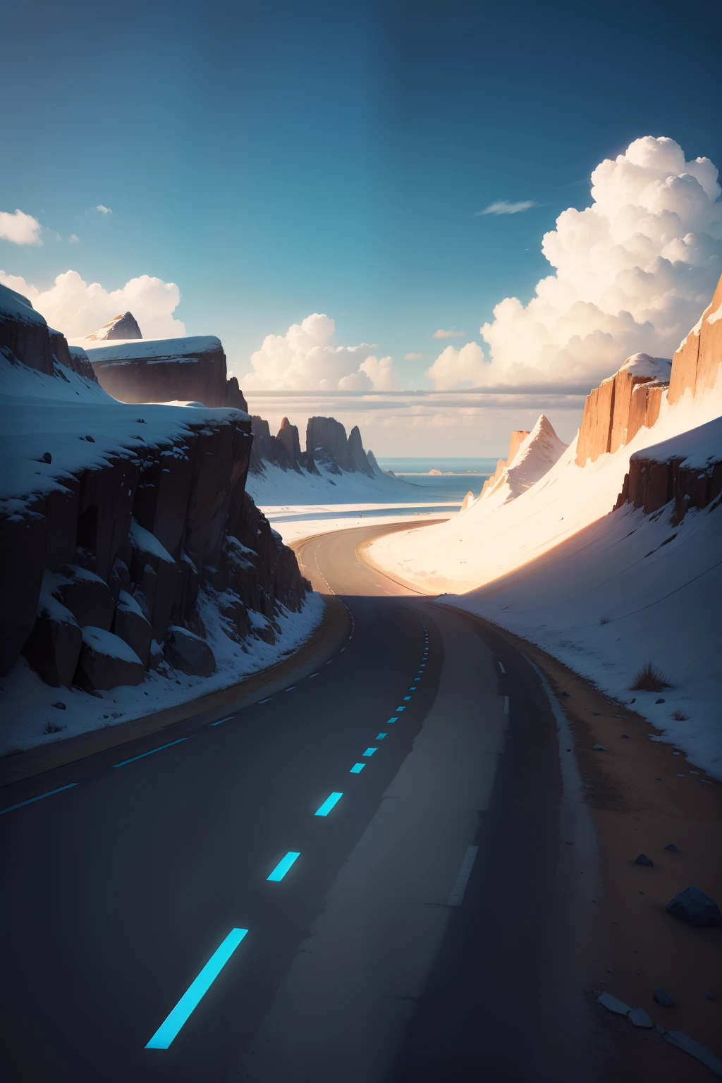 Realistic Cinematic landscape with blue lines in the sky, format 1000x1000