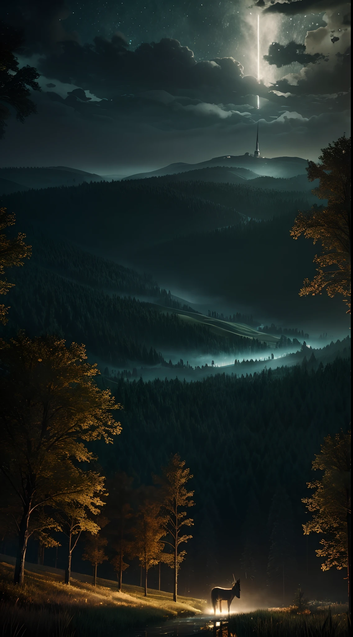 unicorn, night, field, stream, dark, cinematic ultra realistic. Higly detailed, epic composition. environment. Epic scale, post processed 4k, Octane render and Unreal Engine. Trending on Artstation, style by Craig Mullins