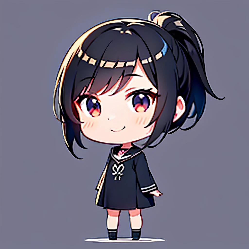 超A high resolution, nffsw, the highest quality depiction, Black hair, Short ponytail, Short hair, Flat Avatar,  Anime visuals of cute girls, Cute art style, Chibi, anime stylized, Shorthair,full of shyness, A smile, simple background, side locks, large oval eyes, Round edging