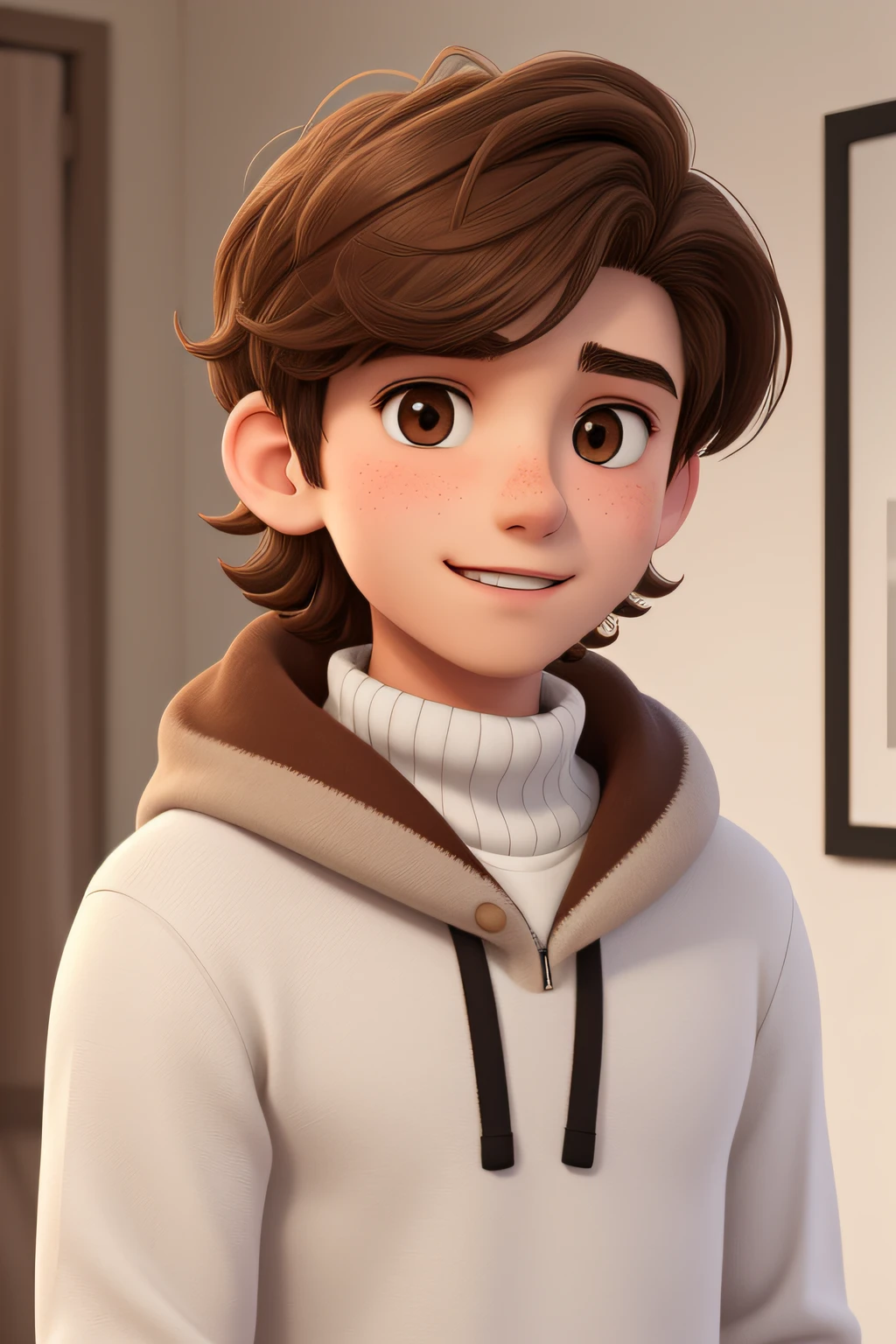 A young man of , with brown disheveled hair, cute face, boxy face, and brown eyes, wearing white turtleneck.