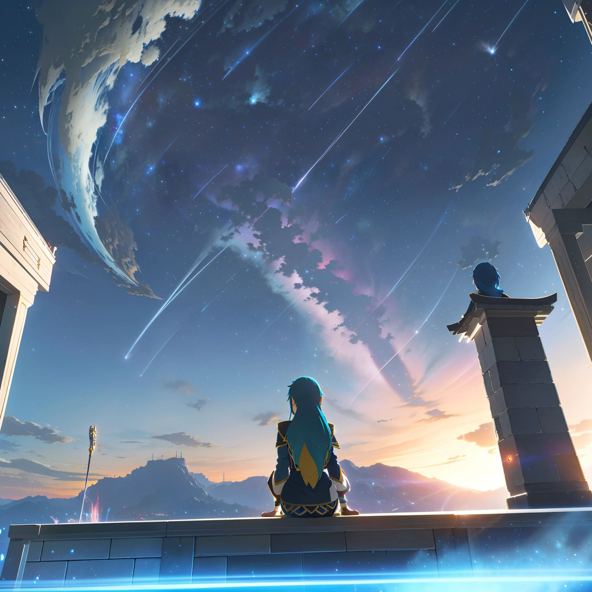 Anime girl sitting on the roof looking at the star trail, Cosmos Sky. By Makoto Shinkai, author:Kaneokase Kane, 《Fire emblem》Lucina, Anime style mixed with Fujifilm, During meteor storms, Beautiful anime artwork, Marin Kitagawa fanart, high detailed official artwork, Anime Sky, anime background key visual, Detailed key anime art, Beautiful anime art