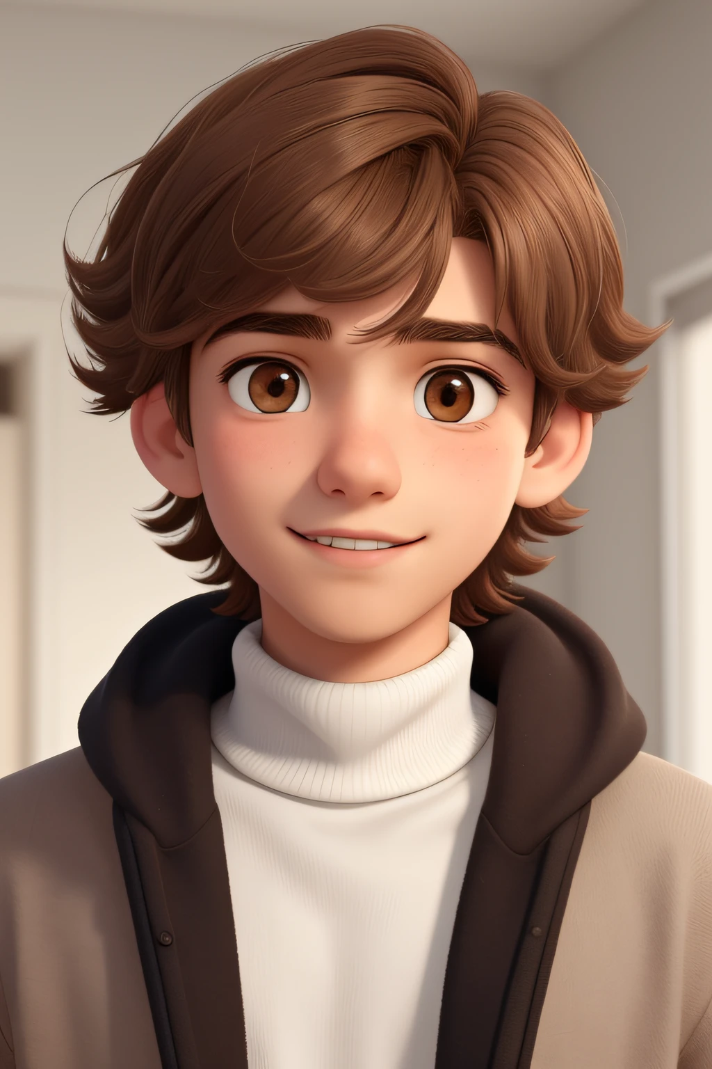 A young man of 17 years old, with brown disheveled hair, cute face, boxy face, and brown eyes, wearing white turtleneck.
